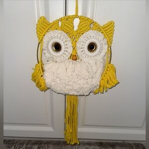 Handmade Macrame Owl Wall Hanging in Yellow and Cream
